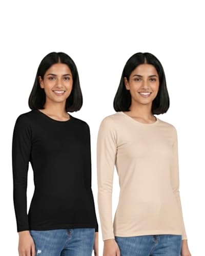 Image of HELGA Ivano Women's Organic Cotton Full Sleeve T-Shirt | Super Combed Cotton Rich | Plain Round Neck | Soft, Breathable, Eco-Friendly Casual Top for Everyday Wear