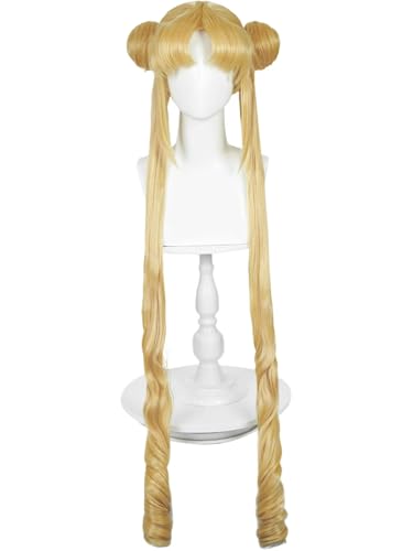 Image of Half and Half Long Blonde Anime Cosplay Wig with Bangs & Buns 39'' Blonde Curly Ponytail Wigs Cute Pigtails Costume Wig for Women Halloween Party