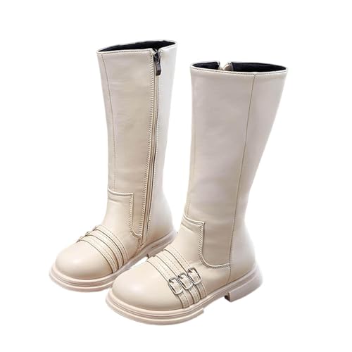 Knee Length Riding Boots for Girls Side Zipper High Tall Combat Boots with Buckles Round Toe Low Heels for Fall Winter