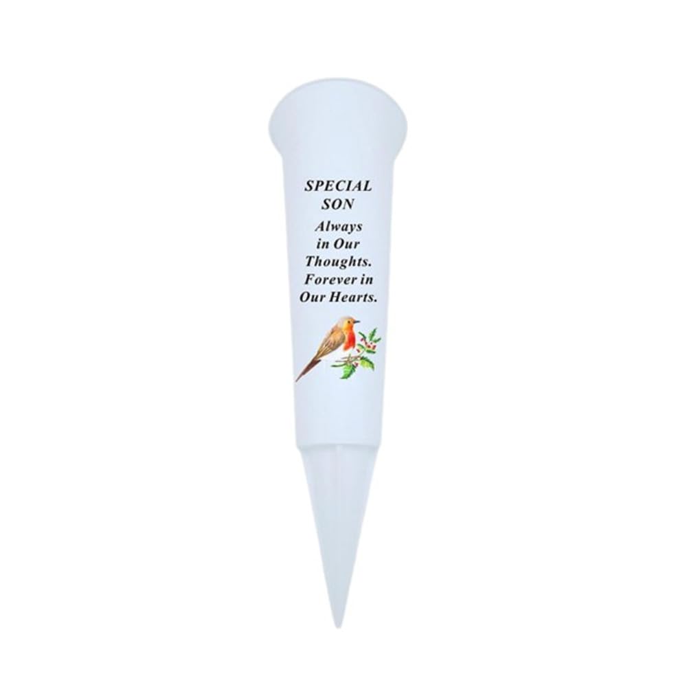 Plastic Flower Holders/Memorial Grave Vases Ornaments - Spike Flower Grave Vases for Grave Decoration with Engraved Funeral Verses for Your Loved Ones -With White Spike and Robin Image (Son)
