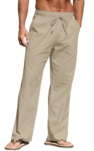 Casual Linen Beach Pants for Men, Drawstring Waist Loose Fit Trousers with Big Tall2