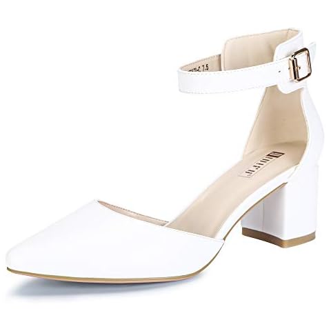 IDIFU Women's IN2 Pedazo Dress Shoes Low Block Heels Comfortable Chunky Closed Toe Ankle Strap Wedding Pumps(White Pu, 8 B(M) US) Cover