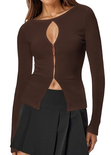 Image of Ribbed Long Sleeve Tops for Women Cut Out Ribbed Knit Crewneck Sweater Fall Slim Fit Going Out Top