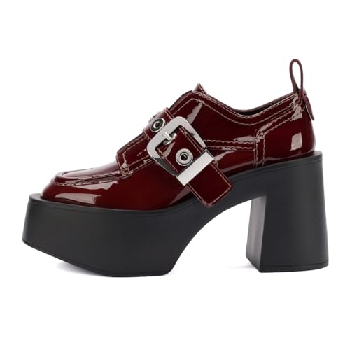 Pazzion Womens Trendy Thick Platform Closed Round Toe Loafers Chunky Block High Heels Buckle Up Oxfords Goth Cosplay Holiday Shoe Size 4-16 US2