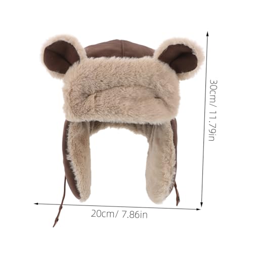 Adorable Bear Plush Earflap Hat for Winter Thick Thermal Beanie Ear Protection for Outdoor Activities and Hunting Unisex Design Coffee2