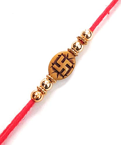 Image of RichyRich Indian Dora Swastik Wool Blend Rakhi with Kumkum Chawal for Brother (21.5 Inch, Red)