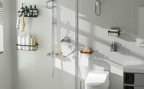 Veluckin Shower Caddy 6 Pack,Toilet Paper Holder,Soap Holder,Toothbrush Holder,No Drilling,13 in Large Capacity,Adhesive Shower Organizer for Bathroom Storage&Kitchen(Dark Brown)