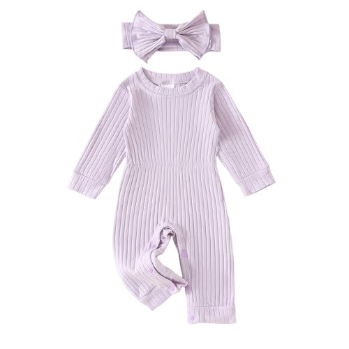 Image of Winioder Newborn Baby Girl Fall Clothes Ribbed Long Sleeve Romper Jumpsuit with Headband Infant 2Pcs Coming Home Outfit