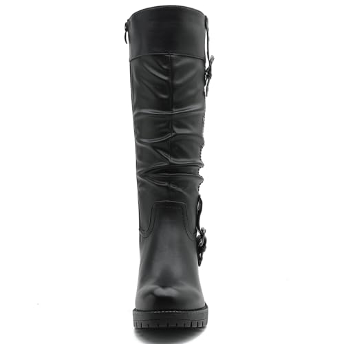 GLOBALWIN Women's Black Knee-High Boots: Fashion Dressy Riding Boots - Chunky Low Heel, Slouchy Design, Buckle Detail, All-Season, Comfortable 2-Inch Heels3