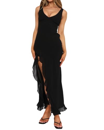 Image of houstil Women's Casual Summer Dress Strap Ruffle Beach Party Maxi Cocktail Evening Holiday Wedding Guest Dresses