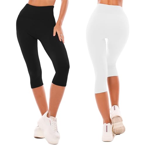 SINOPHANT 2 Pack Capri Leggings for Women-Buttery Soft High Waisted Yoga Pants for Workout Athletic White S-M