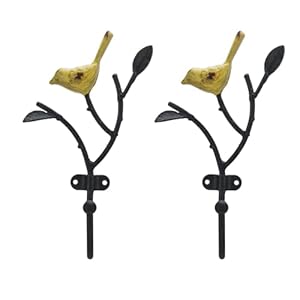 Soffee design 2pcs vintage coat hooks wall mounted hanging metal rack heavy duty tree branch with birds key holder farmhouse garden style hooks for towels hats scarves yellow  urban country home decor