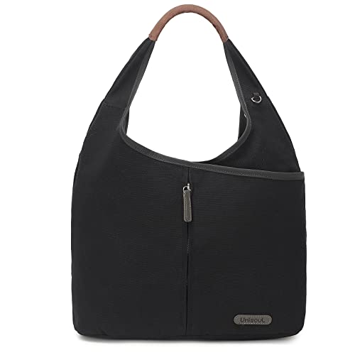 unisoul Umhängetasche Damen Canvas Große Schultertasche Handtasche Damen Shopper Tasche Tote Bag Vintage Henkeltasche für Alltag Büro Mädchen Schule Ausflug Einkauf Strand, Schwarz Cover