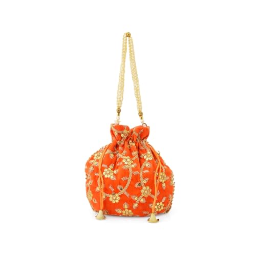 KIYAY Bolso Potli bordado de terciopelo para mujer, paquete de 1 bolsa con cordón, hilo dorado, perlas y cuentas, Naranja, Medium KIYAY Bolso Potli bordado de terciopelo para mujer, paquete de 1 bolsa con cordón, hilo dorado, perlas y cuentas, Naranja, Medium