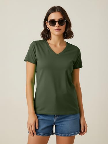 Image of JUNEBERRY Cotton Lycra Regular Fit V- Neck Solid Core Half Sleeves T-Shirt for Women & Girls (Colors Available: Black, Green, Magenta, Blue, Orange & Limeade)