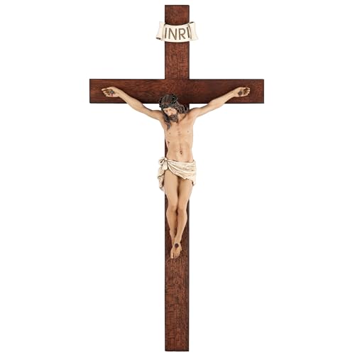 Crucifix Wall Cross - 14 Inch Olive Wood Wall Crucifix, Hand Painted Resin Jesus on Wooden Crucifix Catholic Home Decor Housewarming Religious Gifts