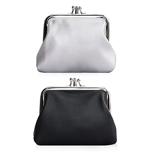 Oyachic 2 Pièces Cuir Porte Monnaie Leather Coin Purse Vintage Portefeuille Fermoir Clic Clac Femme Bourse (Blanc +Noir)