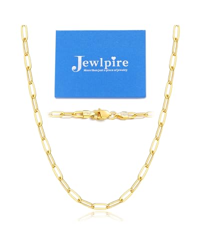 Jewlpire Italian Soild 14K Real Gold Over 925 Sterling Silver Paperclip Chain Necklace for Women, Hypoallergenic & Comfortable Women's Chain Necklaces 16/18/20/22/24/26 Inch