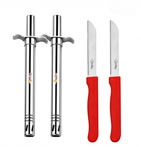 Image of Pigeon Super Gas Lighter Set of 2 with 2 Free Kitchen Knives Worth ₹40 | Piezo Ignition | Stainless Steel Barrel | Long Reach | No Battery Required | LPG & PNG Compatible | 12 Months Warranty