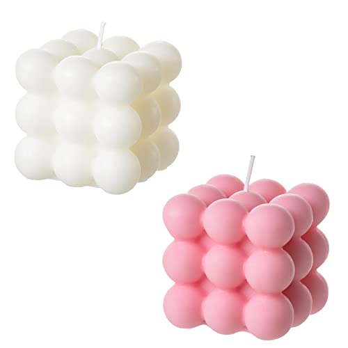 ACITHGL Bubble Candle - Cube Soy Wax Home Decor Scented Candle Set 2 Pieces (White+Pink)