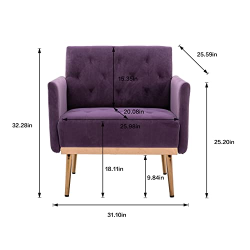 Kinffict Modern Velvet Accent Chair, Upholstered Single Sofa Arm Chair With Rose Gold Metal Trim, Comfy Living Room Lounge Armchair For Relaxing, Purple #TOP1