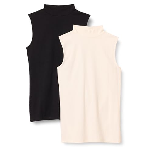 Amazon Essentials Womens Mock-Neck Slim-Fit Ribbed Knit Cotton Sleeveless Top Pack of 2 Black/Eggshell White X-Large
