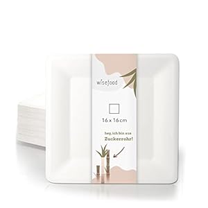 Wisefood Zuckerrohr Teller – 50 Stück Bagasse Einwegteller quadratisch 16cm – Einmal Pappteller ideal als Partyteller…