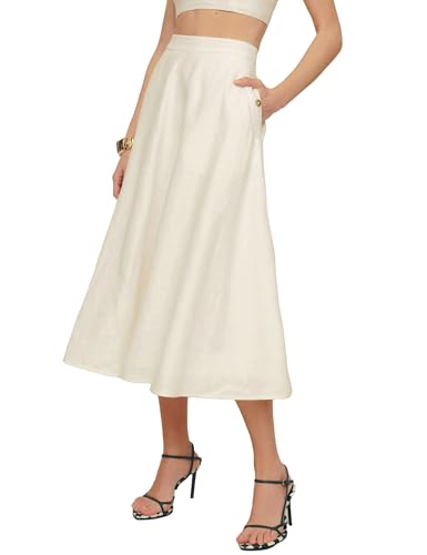 Kinghua Womens Linen Skirts Spring Summer Flowy A Line Pleated Maxi Midi Skirt with Pockets3