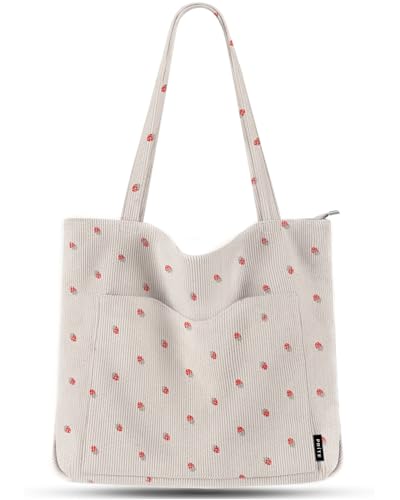 Image of Prite Corduroy Tote Bag for Women Large Shoulder Bag with Zipper and Pockets for College School Work Travel Shopping