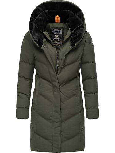 Ragwear Damen Wintermantel Warmer wasserdichter und atmungsaktiver Steppmantel lang mit Kapuze und hohem Teddy-Fleece-Kragen Natalka Cosy YOUMODO Dark Olive Gr. XXL