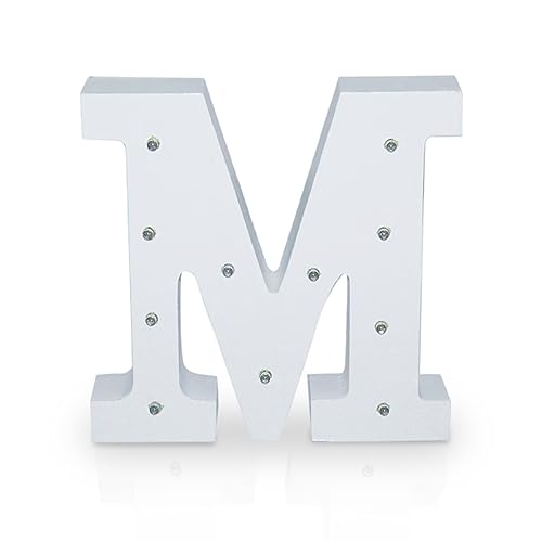 Letra M en Madera Blanca Iluminada con 11 Luces LED - Decoración e Iluminación de Escaparates o Espacios - Ideal para Apoyar o Colgar - Funciona con Pilas AAA - Altura 15 cm - Aktual