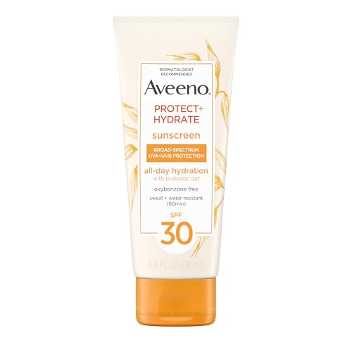 Aveeno Protect + Hydrate Moisturizing Sunscreen Lotion with Broad Spectrum SPF 30 & Prebiotic Oat, Weightless Sweat & Water-Resistant Full Body Sunscreen, Oxybenzone-Free, 3.0 fl. oz
