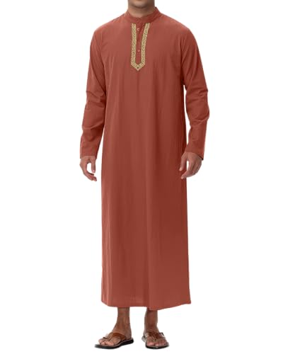 NANAMEEI Qamis Homme Marocaine Boubou Africain Homme Abaya Dubai Caftan Robe Homme Musulman Djellaba Thobe Homme Rouge Brique L