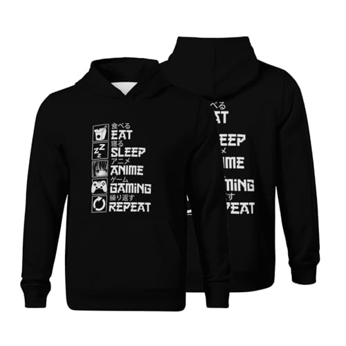 Kids Eat Sleep Anime Gaming Repeat Kawaii Funny Boys Girls Lightweight Kangaroo Pocket Hoodies
