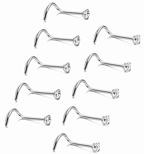 FIBO STEEL 20G 12 Pcs Stainless Steel Nose Screw Stud Nose Rings for Men Women Body Piercing Jewelry CZ Inlaid Silver-tone