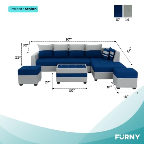 Image of FURNY Stylecon 8 Seater Fabric RHS L Shape Sofa Set with 1 Centre Table & 2 Ottoman (Blue-Light Grey) | Premium Velvet Finish | Durable Comfort | Ideal for Living Room