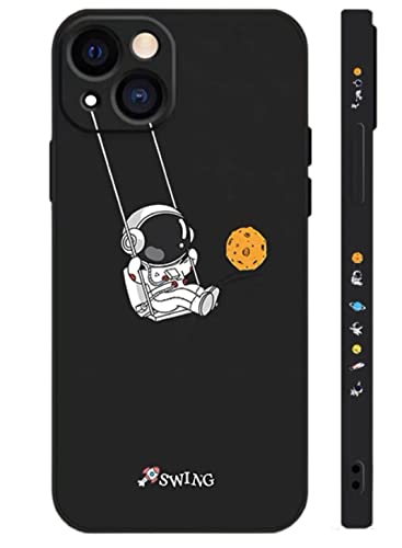 KoduneesanX iPhone15 ケース 対応 カバー 可爱い 直辺 宇宙 ぶらんこ 惑星 宇宙飛行士 液体シリコン ソフトケース 耐衝撃 軽量 お洒落 アニメ 個性 スマホケース 韓国風 人気 おしゃれ ユニバース リキッド シリコン シンプル ストラップ付(1件) iPhoneケース (iPhone 15 ,#1 黑)