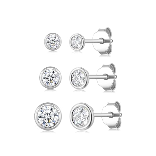 Ecripe Juego de 3 pares de aretes pequeños de plata de ley para mujer, mini aretes redondos de circonita plateada, hipoalergénicos, aretes de perlas para cartílago para múltiples piercings, Plata de