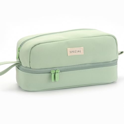 Image of Large Capacity Canvas Special Pencil Case Organizer With 2 Compartments, Big Cute School Aesthetic Pencil Pouch For Girls Boys Women Students Adults, Pen Pouch Bags With Zipper (Green)