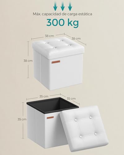 Miniatura 3 de Songmics Puff Almacenaje De 38 Cm, Banco De Almacenamiento Plegable Con Tapa, Reposapiés, Cuero Sintético, Carga De 300 Kg, Para Entrada, Sala De Estar, Dormitorio, Blanco Nube Lsf030w11