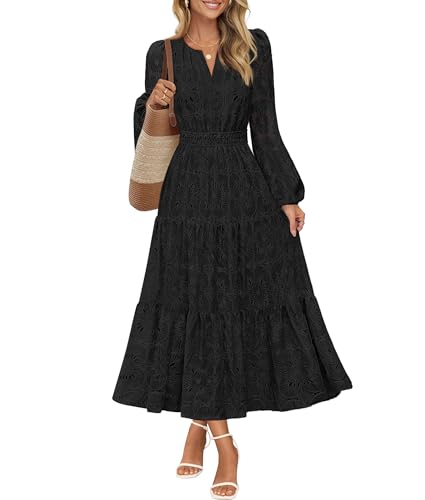 MEROKEETY Womens Fall Long Sleeve Floral Maxi Dress Lace Eyelet Hollow Out Tiered Boho Wedding Guest Dresses Pockets Black Medium