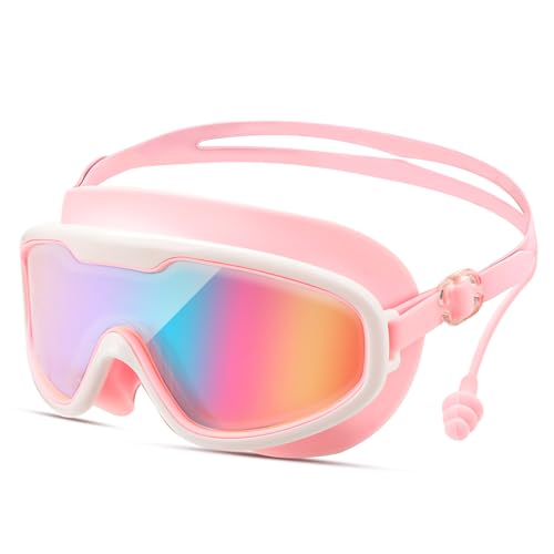 MplehDa Gafas Piscina Niños Unisex para 3-14 Años UV Protegido Espejo Gafas Gran Angular de 180° para Garçons Filles 3 4 5 6 Años, Piscina y Playa (rosa)