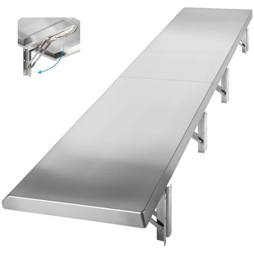 Image of Folding Concession Stand Shelf 18 inch x 72 inch Spliced Style for Kitchen | Stainless Steel Drop Down Serving Food Shelf, Easy to Clean & Space-Saving Concession Shelves for Garage, Food Cart