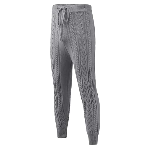 Mens Solid Chunky Cable Knit Warm Pants Drawstring Slim Fit Rib Trousers Elastic Mid Rise Cinch Bottom Jersey Pants2