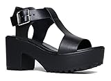 J. Adams Corby Platform Sandals for Women - Black Faux Leather Chunky Heel - 5.5