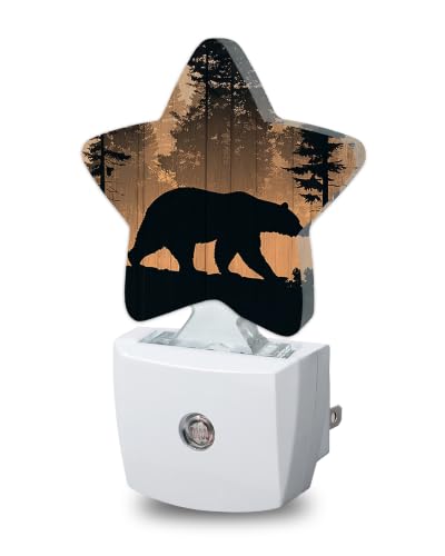 Image of Rustic Woodland Bear Plug in Star Night Light, Night Light with Sensor for Kids Nursery Bedroom, Decorative Soft Glow Lamp for Hallway Bathroom, Energy Saving