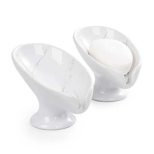 Soap Dish Set, Self Draining Bar Soap Holder for Bathroom Sink, Leaf Shaped Drainage Soap Dish Ceramic Marble Porcelain Decorative Soap Dishes 2PCS, No Suction Cup, ANTIS'S HOME 2pcs-marble