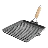 SMZhomeone Gusseisen-Grillpfanne, 27,9 cm, quadratisch, mit faltbarem Holzgriff, für Herd, Grill, Lagerfeuer, Kochen für Herde, Grills und Lagerfeuer