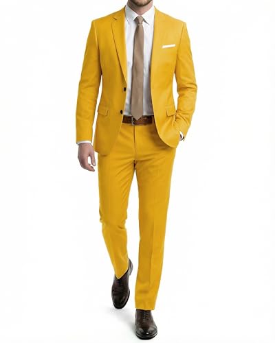 MYS Mens 2 Piece Suit with Tie 2 Button Slim Fit Solid Jacket & Pants Set Suits for Men at Party Prom Wedding & Business Yellow