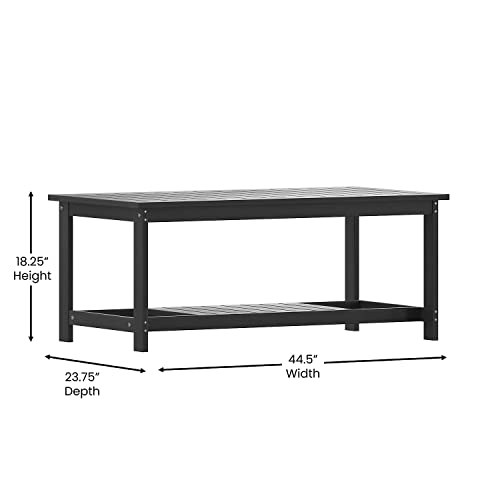Flash Furniture Charlestown Two Tiered Commercial Grade Adirondack Coffee Table - Black Finish Poly Resin Wood - All-Weather - Slatted Shelf Design #TOP2